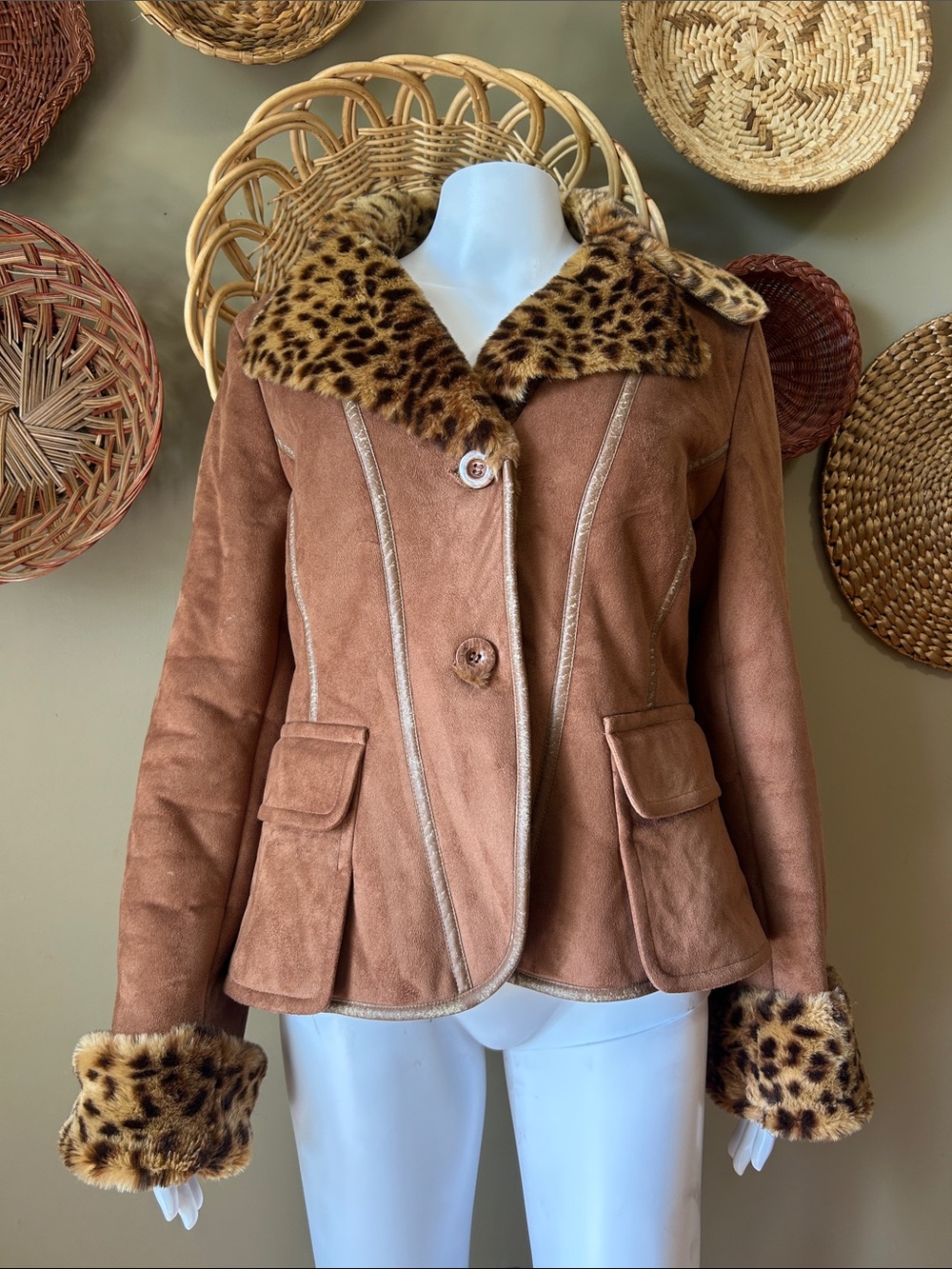 Marvin Richards Vintage Faux Fur & Suede Coat Leopard Print Mob Wife Glam Size M